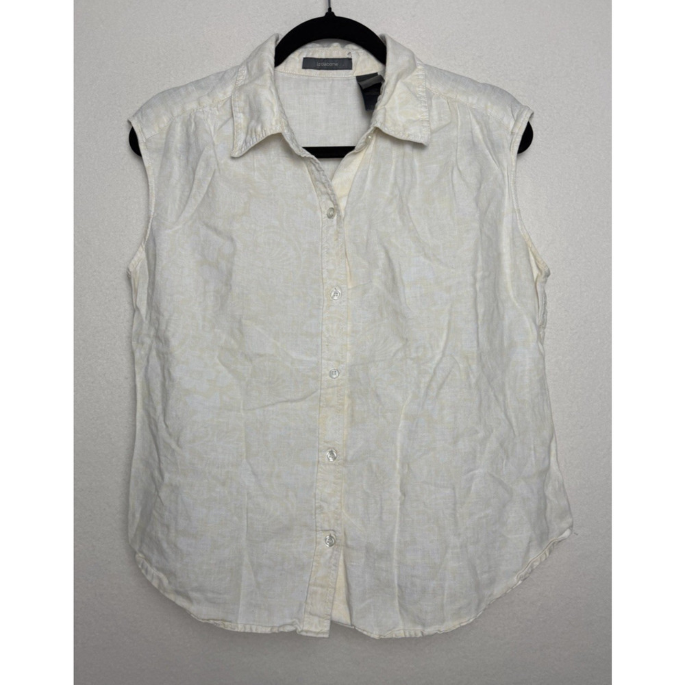 Liz Claiborne Womens Linen Sleeveless Yellow Floral Print Button Up Shirt Size L